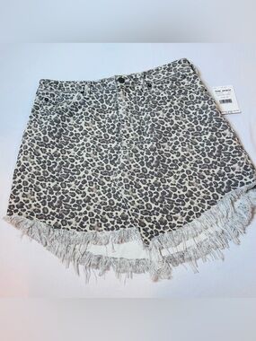 Free People NWT We The Free Bailey Denim Mini Skirt Cheetah Print Beige 28